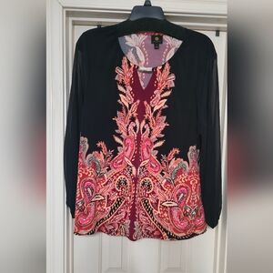 JM Collection Plus Size Printed Chiffon-Sleeve Embellished-Neck Top NWT 3X